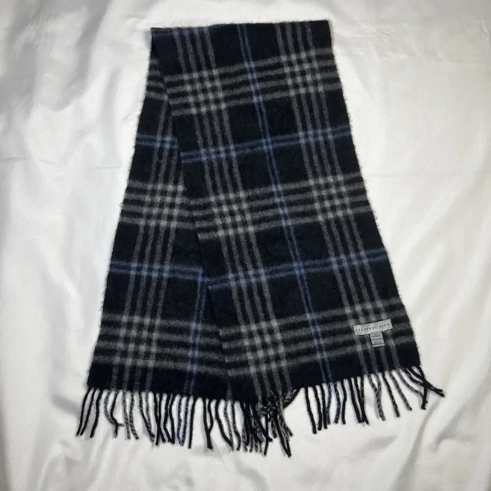 Geoffrey Beenne 100% Cashmere Scarf Black Gray Blue Plaid Fringe 48